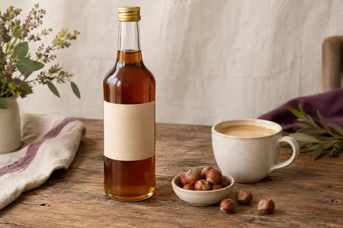 Bouteille en verre de sirop brun ambré à la noisette grillée, posée avec quelques noisettes sur une table claire.