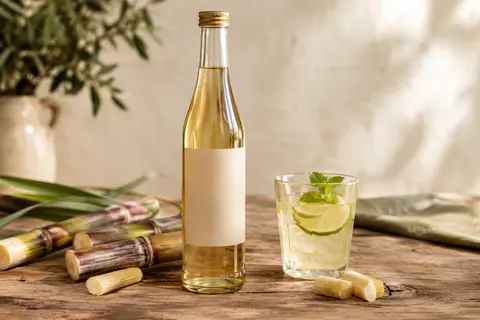 Bouteille en verre de sirop de sucre de canne posée sur une table en bois avec un verre de boisson fraîche.