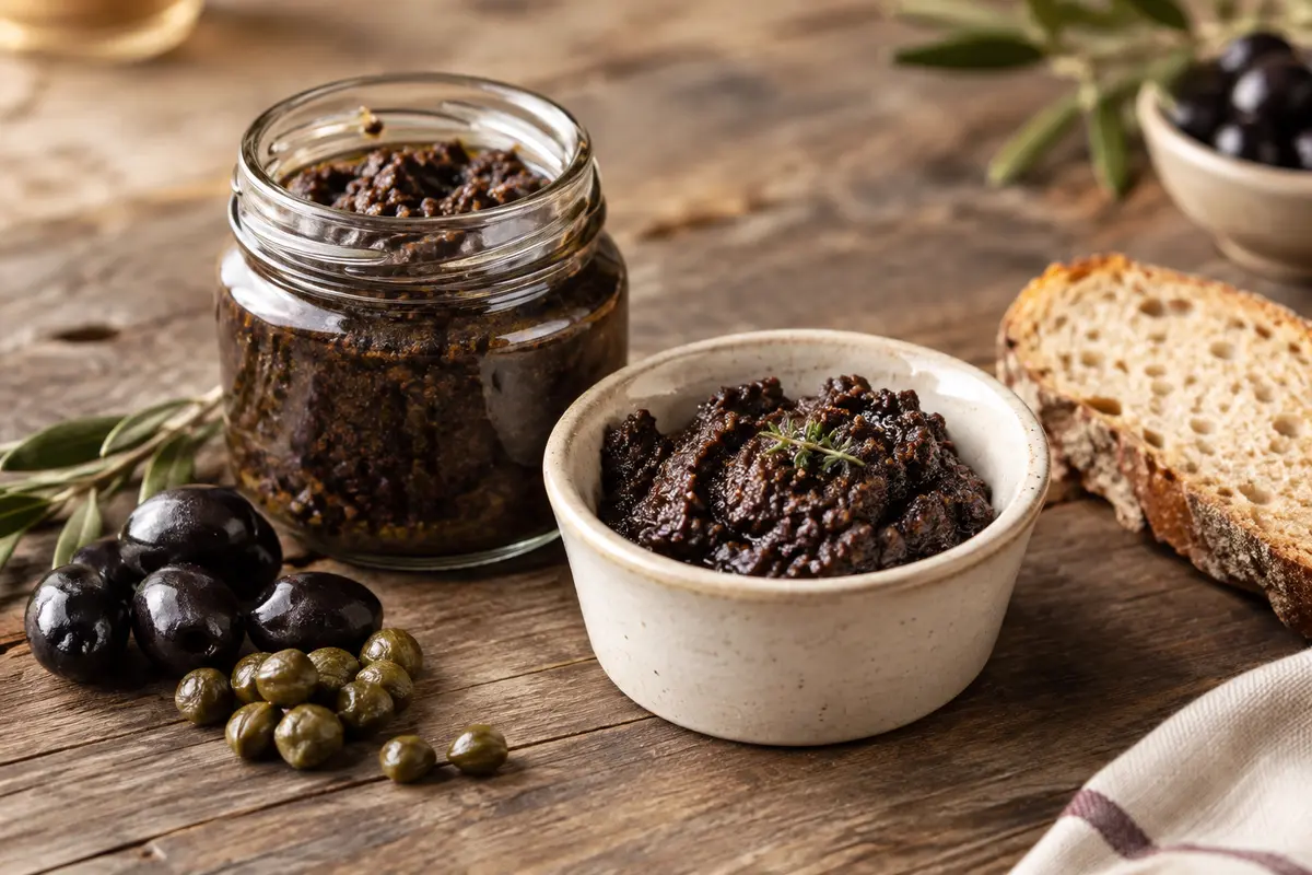 Tapenade noire aux olives servie dans un petit pot avec des toasts, des câpres et du thym