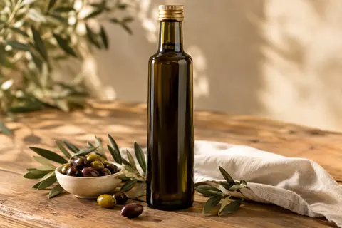 Bouteille sombre d’huile d’olive extra vierge marocaine posée avec quelques olives sur une table en bois
