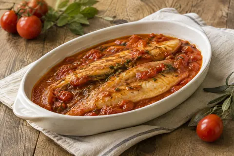 Filets de maquereau nappés de sauce tomate dans un plat clair posé sur une table en bois.