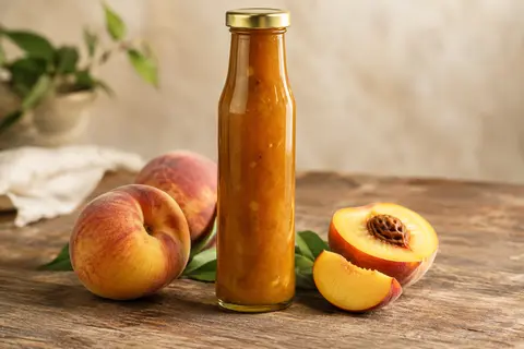 Bouteille de chutney de pêches présentée avec des quartiers de pêche et quelques fromages sur une table en bois.