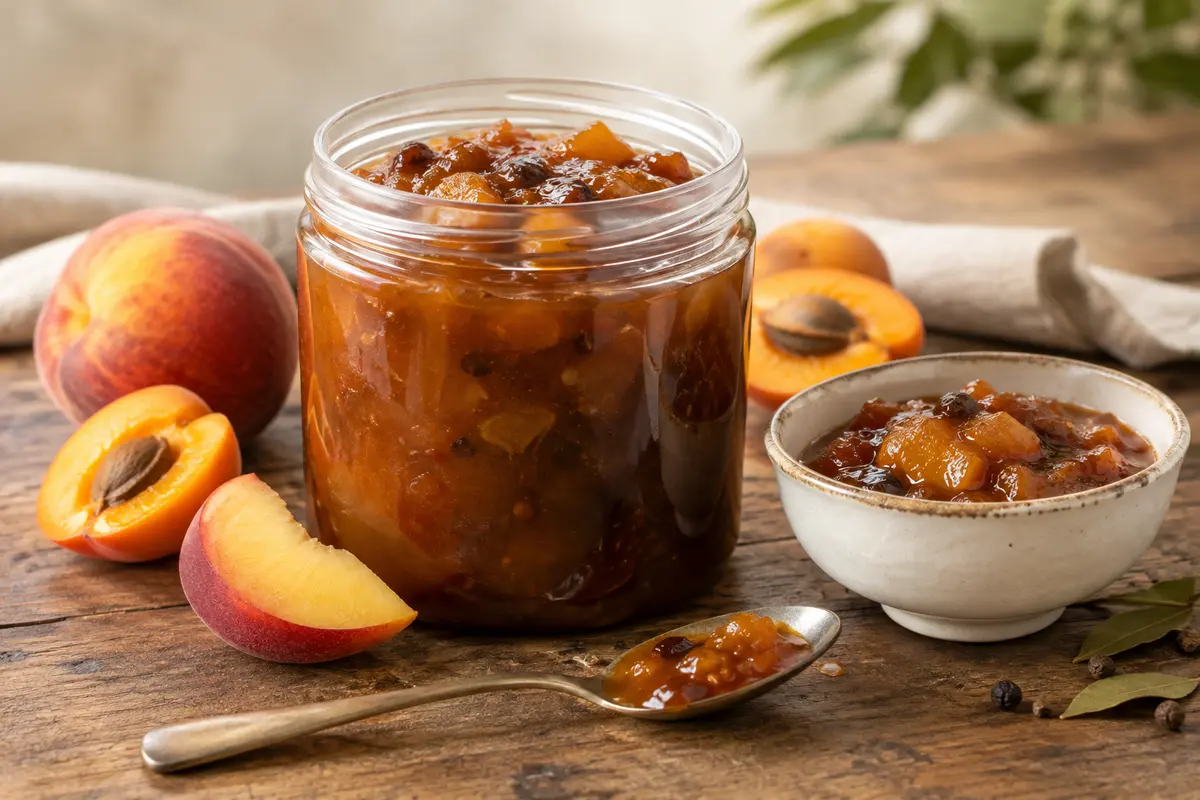 Bocal en plastique de chutney brun ambré posé sur une table en bois avec des morceaux de fruits secs