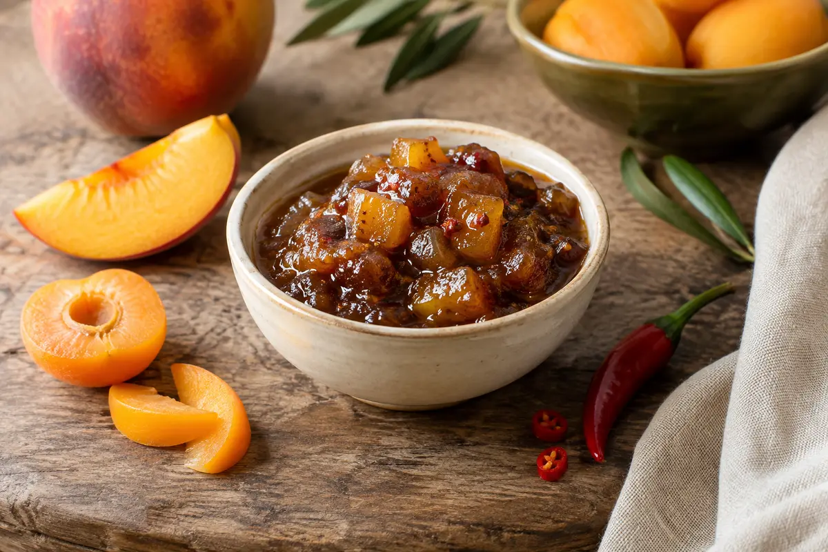 Chutney aux pêches et abricots servi dans une coupelle avec des piments sur une table en bois.