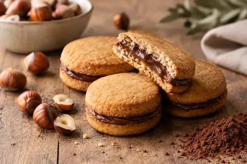 Biscuits fourrés aux noisettes et au cacao disposés sur une table en bois avec des noisettes entières.