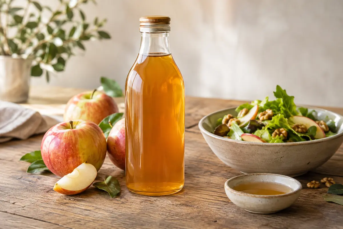 Bouteille de vinaigre de cidre de pomme Naturgreen de 500 ml présentée avec quelques pommes