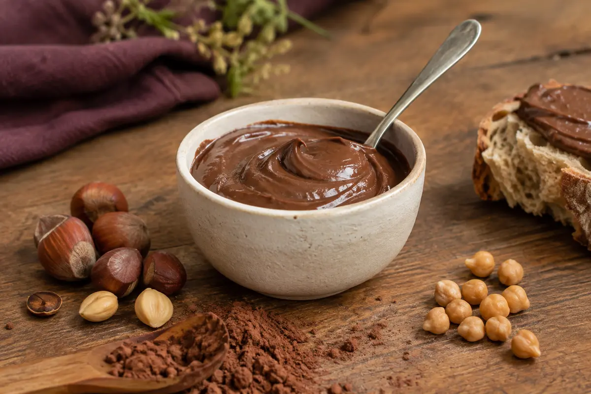 Pâte à tartiner végétale au cacao et aux noisettes servie avec du pain et quelques noisettes.