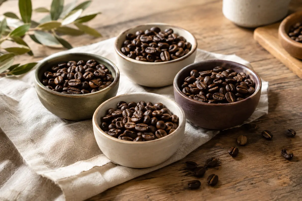 Quatre cafés en grains d’Amérique latine présentés en portions de dégustation sur une table en bois