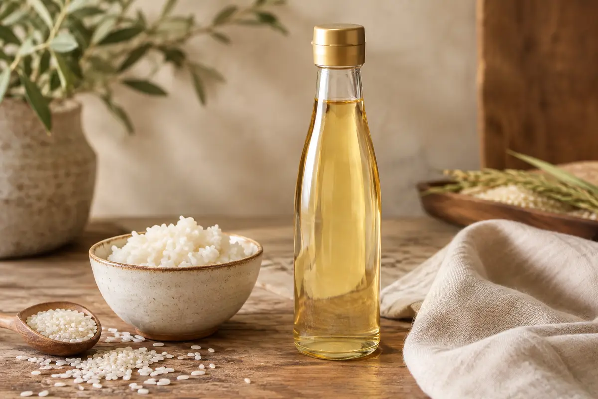 Vinaigre de riz Otafuku près d’un bol de riz à sushi et de quelques grains de riz.