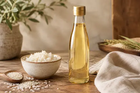 Vinaigre de riz Otafuku près d’un bol de riz à sushi et de quelques grains de riz.
