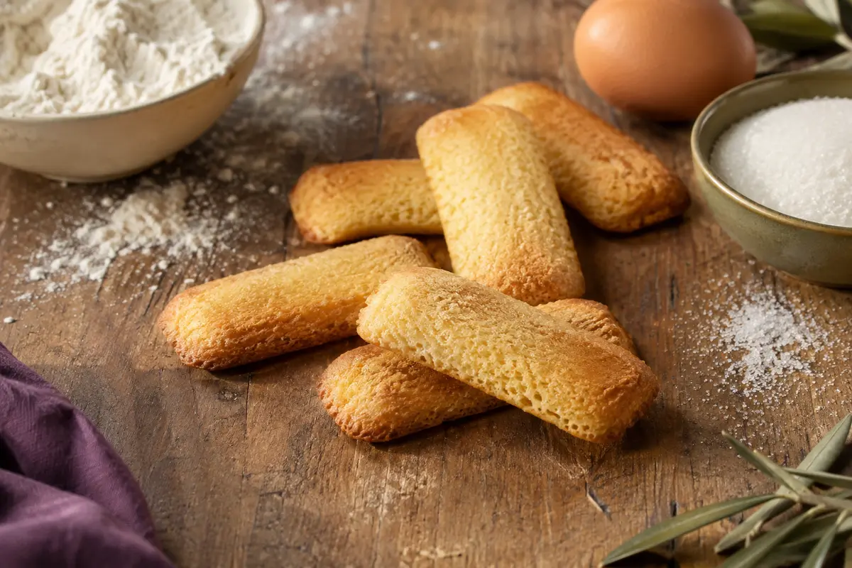 Biscuits Pavesini dorés et plats disposés sur une assiette claire, avec une tasse de café en arrière-plan