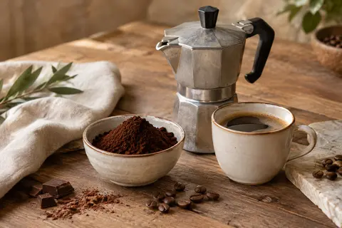 Café moulu brun près d’une cafetière moka et d’une tasse sur une table en bois