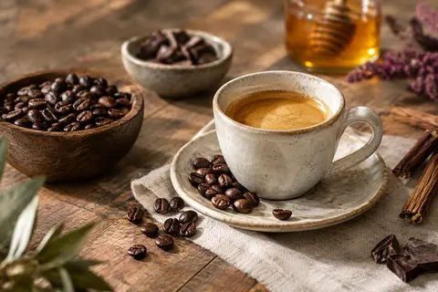 Café Pellini N.82 Vivace en grains présenté avec un espresso et quelques ingrédients sur une table en bois