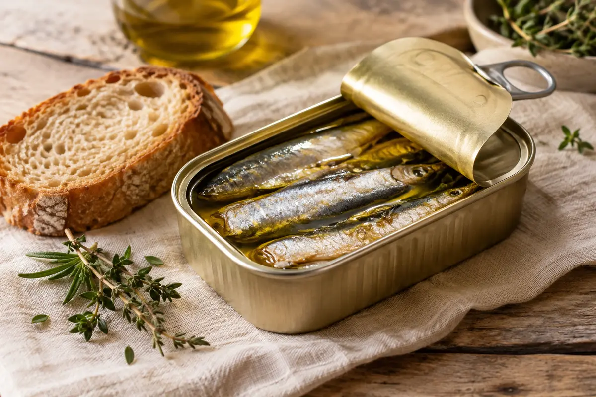 Sardines à l’huile d’olive présentées dans une conserve ouverte sur une table en bois, avec du pain