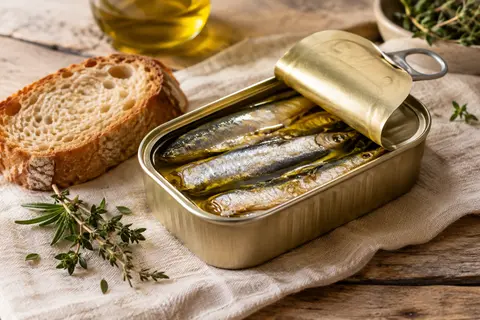 Sardines à l’huile d’olive présentées dans une conserve ouverte sur une table en bois, avec du pain