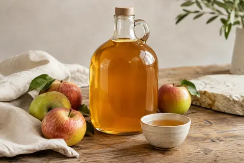 Vinaigre de cidre brut légèrement trouble avec des pommes, présenté sur une table en bois