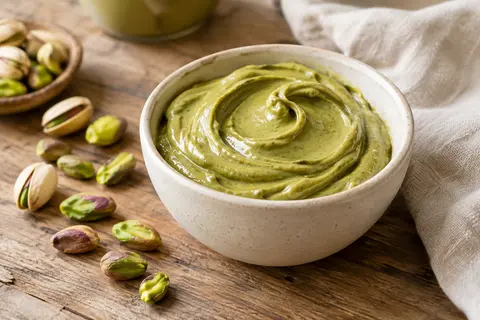 Pot ouvert de crème à tartiner à la pistache accompagné de quelques pistaches sur une table en bois.