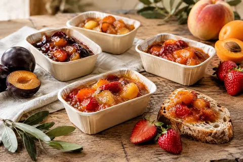 Barquettes individuelles de préparations de fruits aux saveurs prune, pêche, abricot et fraise