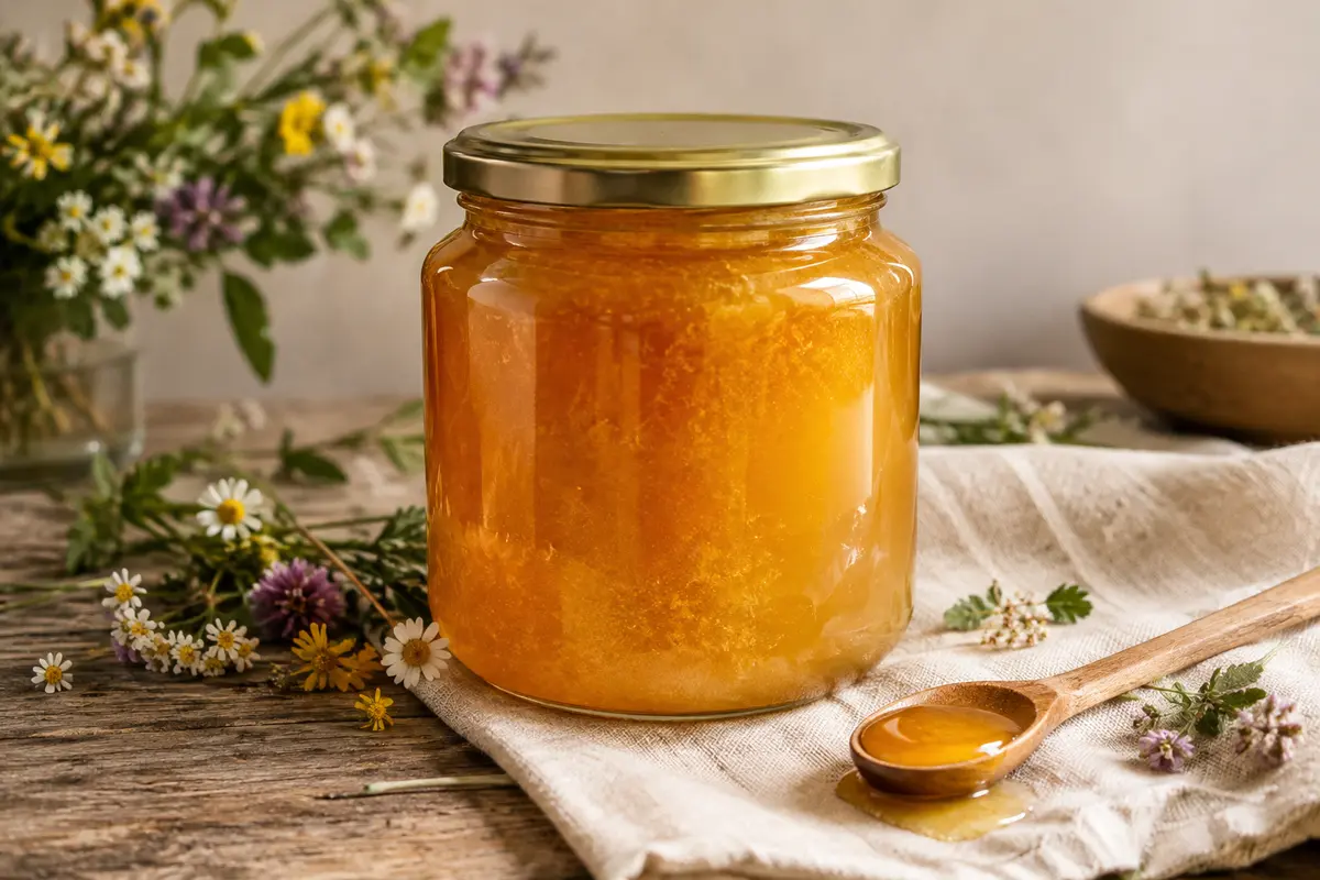 Pot de miel brut de fleurs sauvages cristallisé sur une table en bois, avec une cuillère et quelques fleurs.