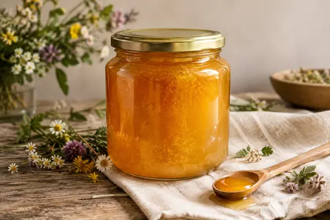 Pot de miel brut de fleurs sauvages cristallisé sur une table en bois, avec une cuillère et quelques fleurs.