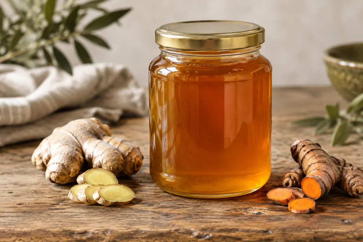 Pot de miel cru au gingembre et curcuma sur une table en bois, accompagné de gingembre et de curcuma frais.