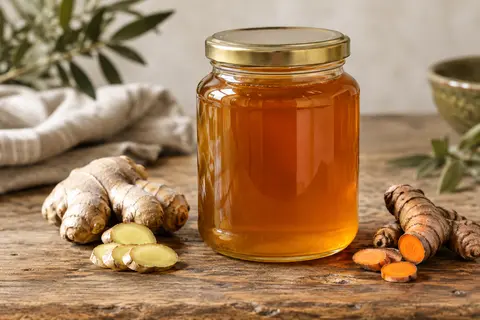 Pot de miel cru au gingembre et curcuma sur une table en bois, accompagné de gingembre et de curcuma frais.