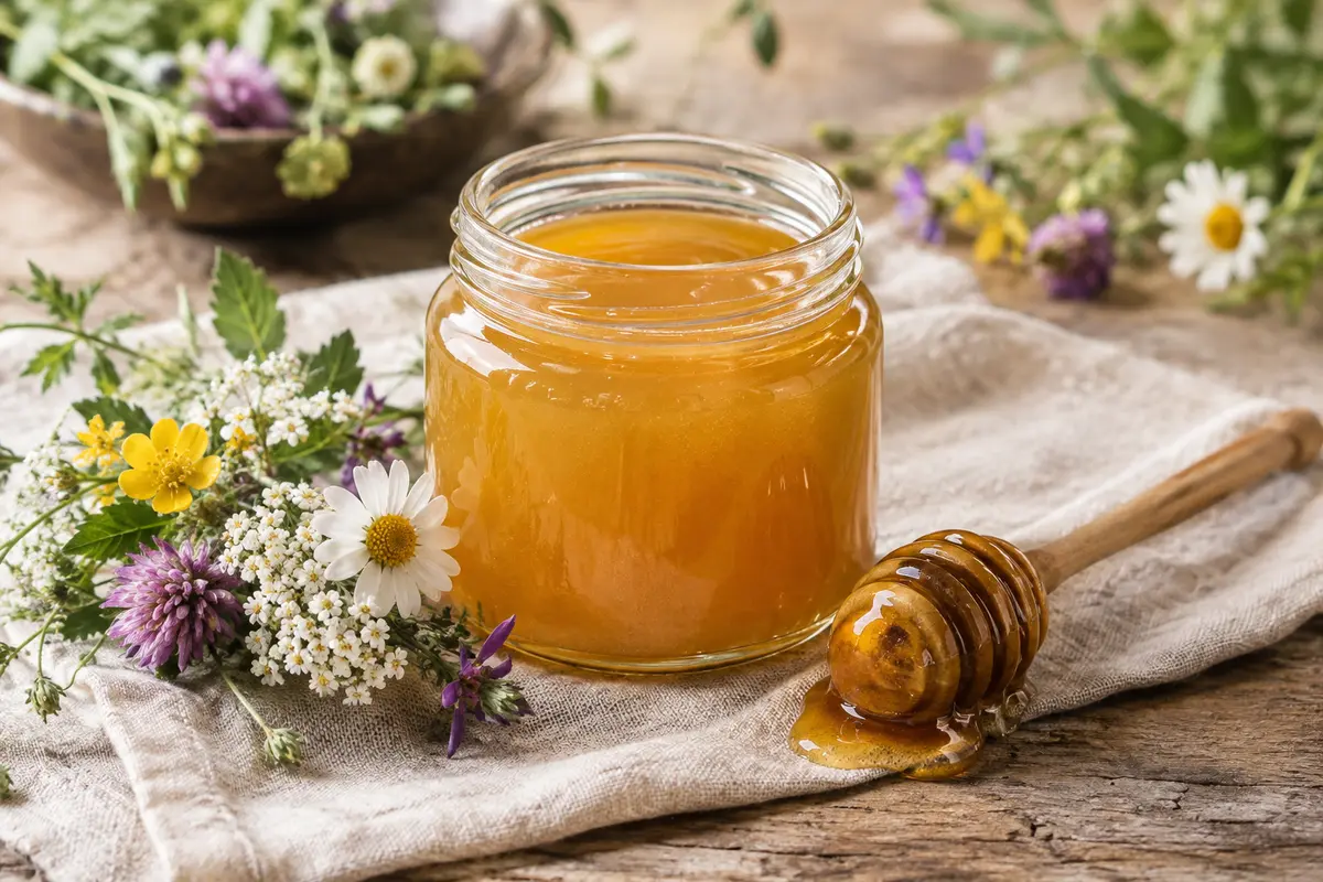 Miel ambré de fleurs sauvages dans un bol en verre, avec une cuillère en bois et une tartine
