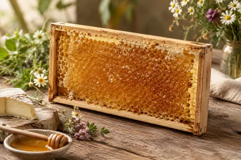 Miel doré en alvéoles dans un cadre en bois, accompagné de quelques fleurs sauvages sur une table patinée.