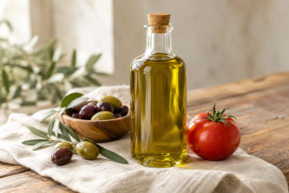 Bouteille en verre de 500 ml d’huile d’olive Hojiblanca avec tomates, pain et thym