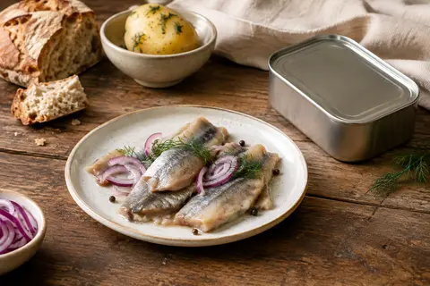Boîte de surströmming et filets de hareng fermenté servis sur une table en bois avec pain et pommes de terre.