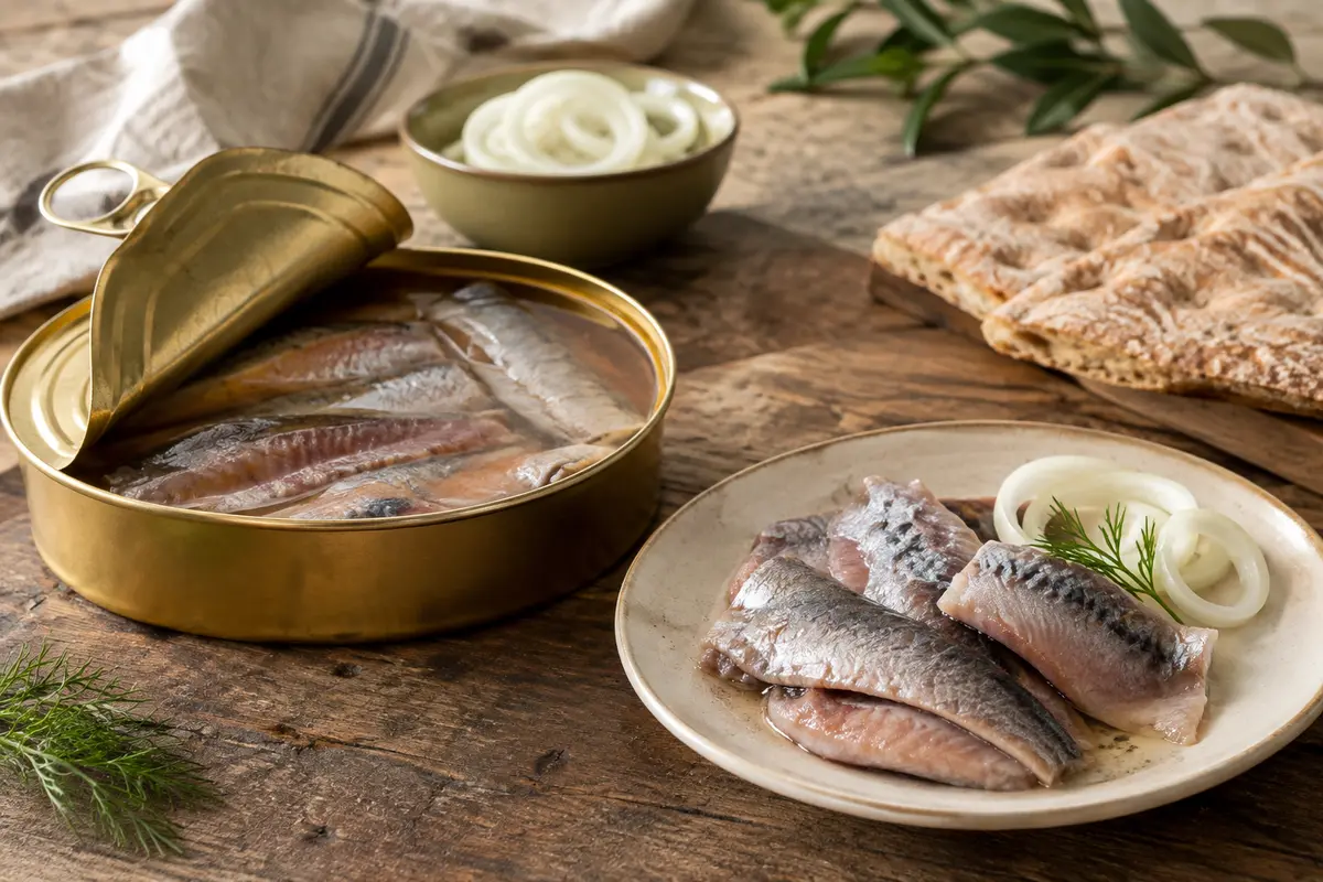 Boîte de surströmming ouverte avec des filets de hareng sur une table en bois, accompagnée de pain et de pommes de terre.
