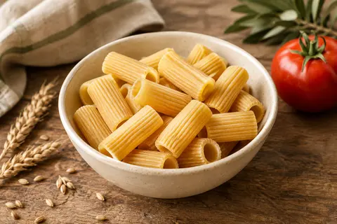 Rigatoni secs Rummo, grands tubes striés dorés présentés dans une assiette sur une table en bois