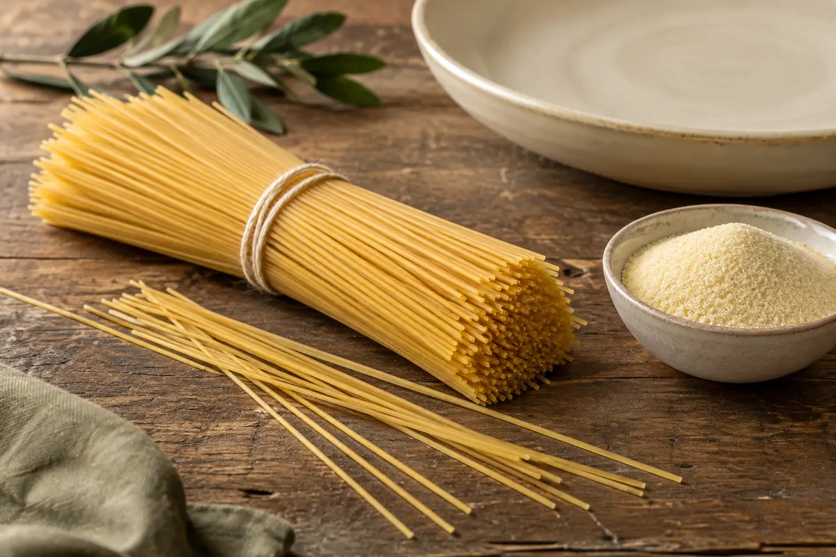 Spaghetti secs de semoule de blé dur disposés en faisceaux sur une table en bois patiné