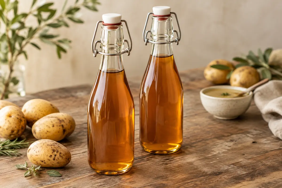 Deux bouteilles à étrier de vinaigre de malt posées sur une table en bois près d’une assiette de frites