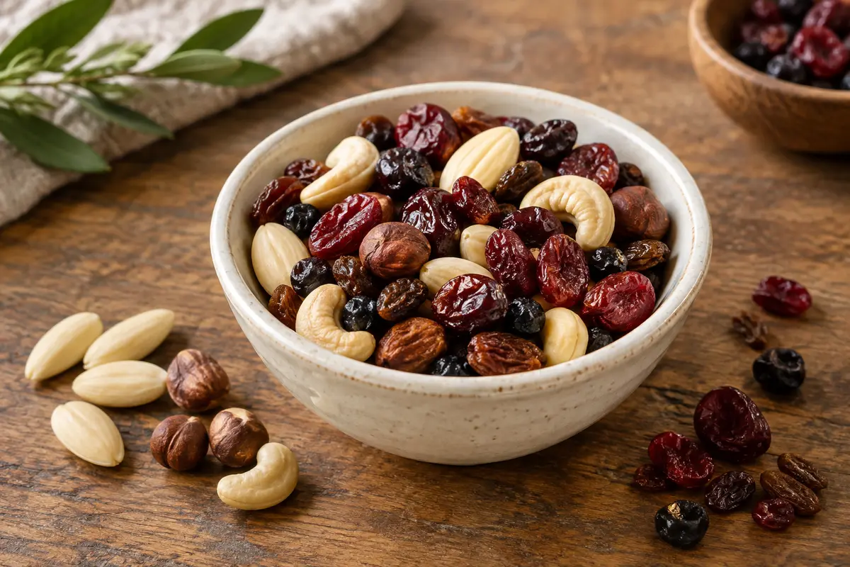 Mélange de noix, amandes, raisins sultanines, cranberries, griottes et myrtilles séchées dans un bol.
