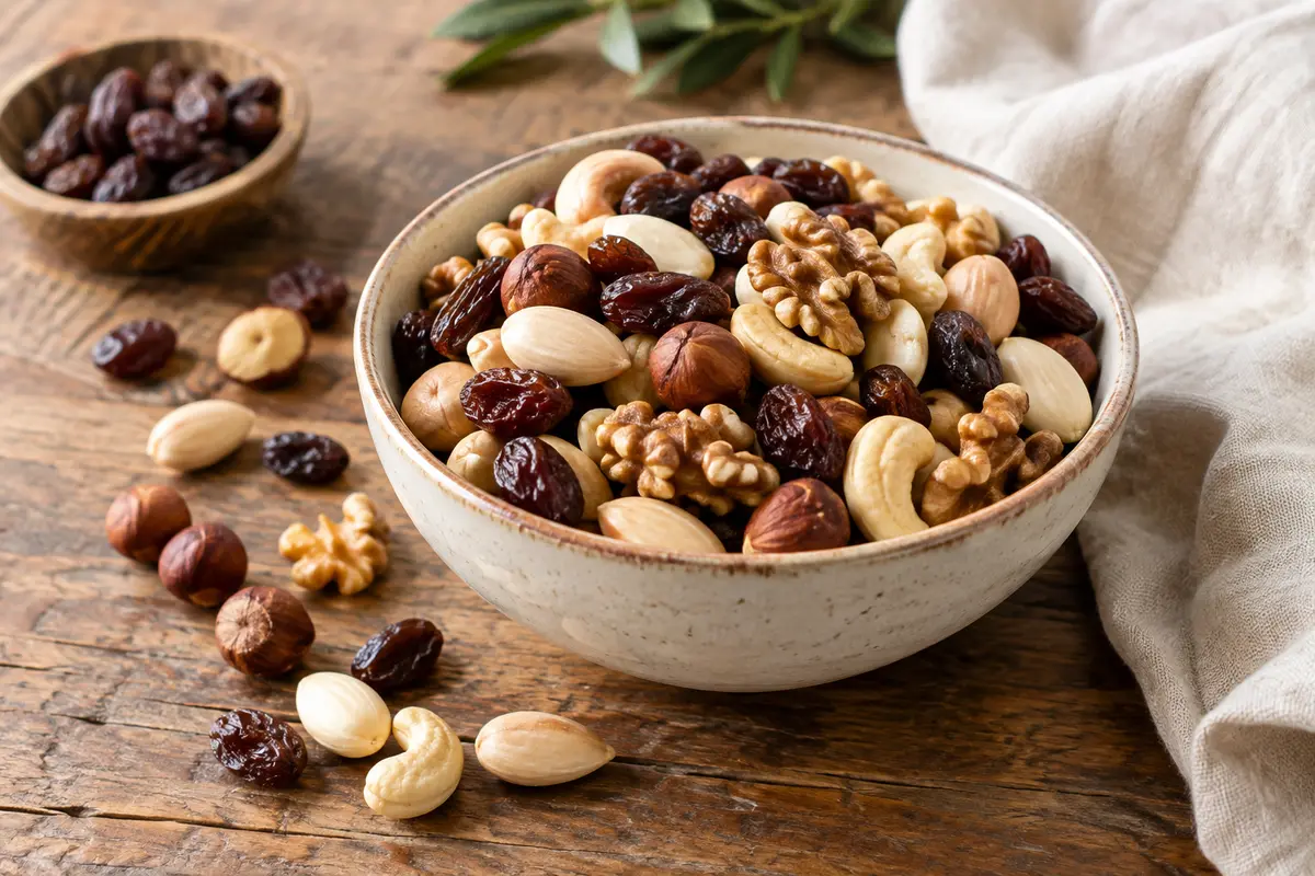 Mélange de noisettes, amandes, noix, noix de cajou et raisins secs dans une coupelle sur une table en bois.