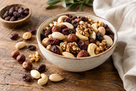 Mélange de noisettes, amandes, noix, noix de cajou et raisins secs dans une coupelle sur une table en bois.