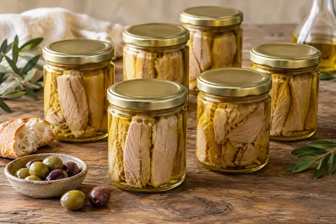 Six bocaux de thon germon à l’huile d’olive présentés avec du pain grillé sur une table en bois.