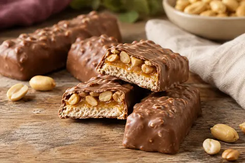 Barres au chocolat au lait avec cacahuètes, caramel et nougat sur une table en bois patiné.