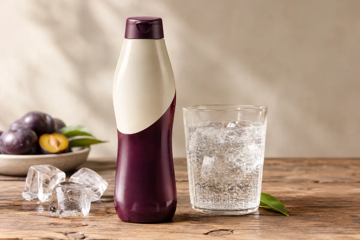 Flacon de concentré Pepsi Zero Sucres posé près d’un verre d’eau pétillante sur une table en bois.