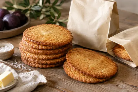 Galettes dorées au beurre et au sel de Guérande disposées avec des sachets sur une table en bois