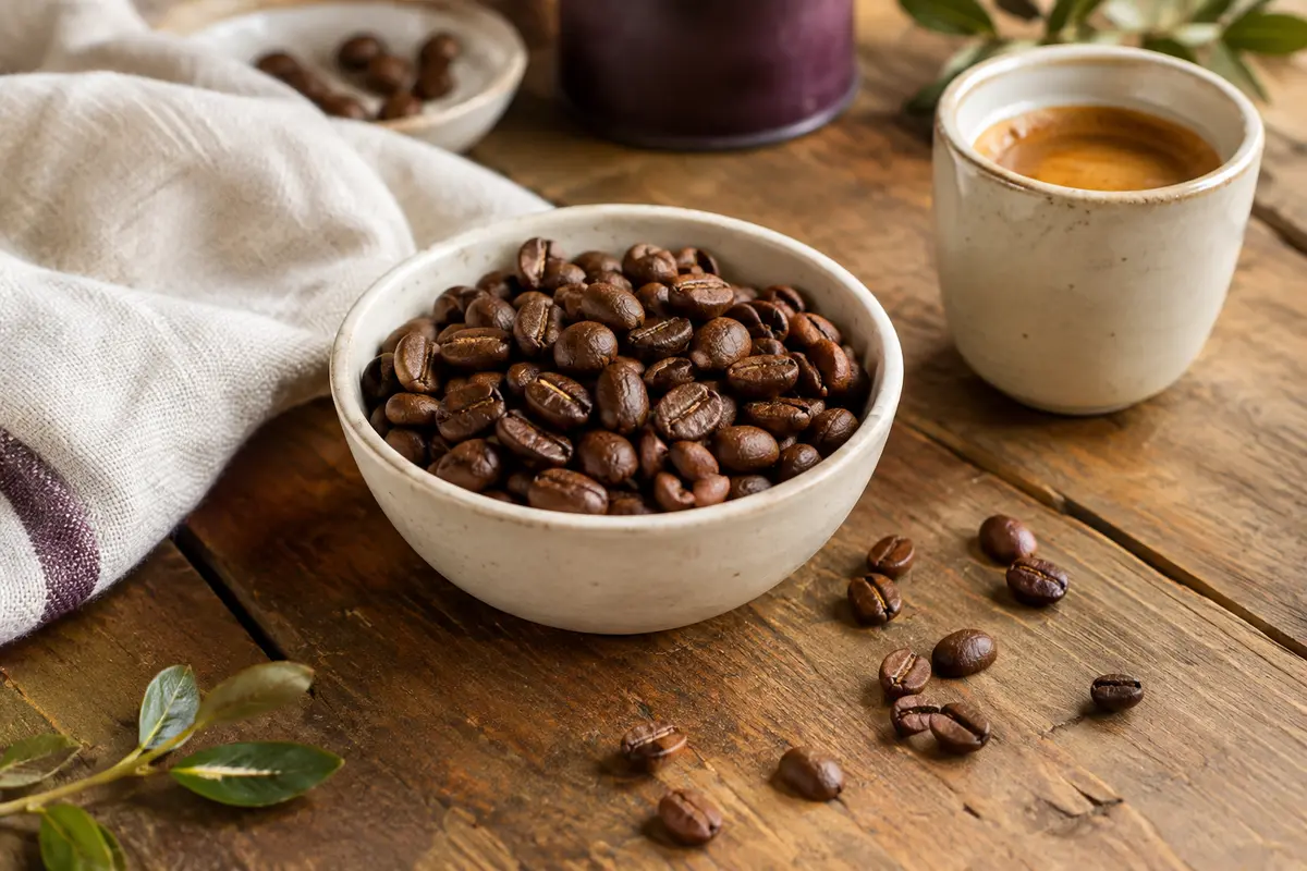 Grains de café torréfiés bruns présentés dans une coupelle crème près d’une tasse d’espresso