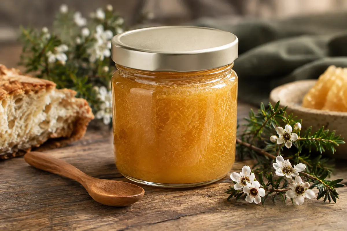 Pot de miel de Manuka à la texture cristalline posé sur une table en bois patiné