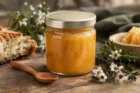 Pot de miel de Manuka à la texture cristalline posé sur une table en bois patiné