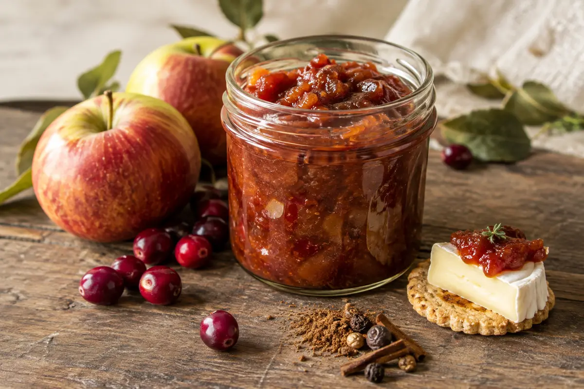 Chutney aux pommes et aux canneberges servi en coupelle avec fromage et craquelins