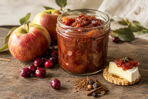 Chutney aux pommes et aux canneberges servi en coupelle avec fromage et craquelins