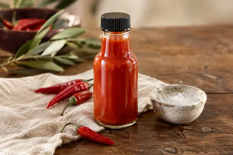 Petit flacon de sauce pimentée rouge posé sur du bois avec des piments rouges et du vinaigre.