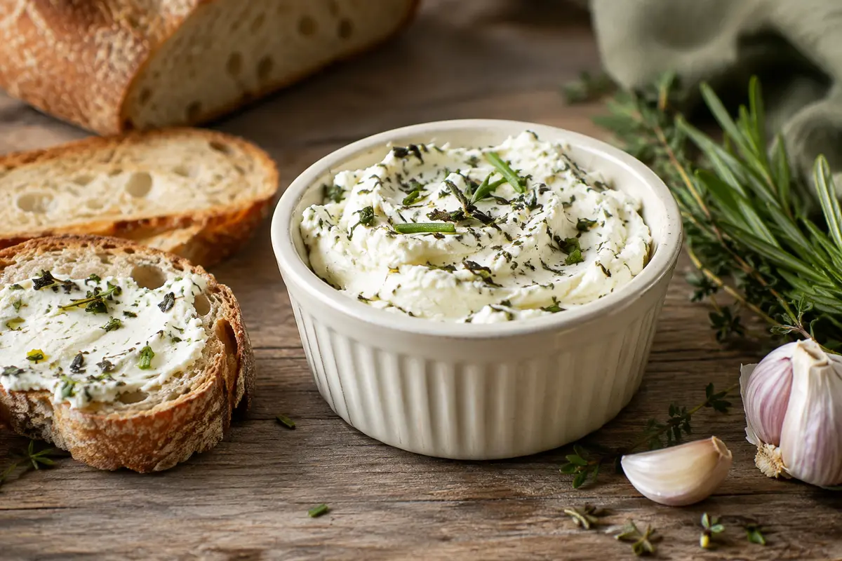 Fromage frais à l’ail et aux fines herbes servi avec du pain et des crudités sur une table en bois