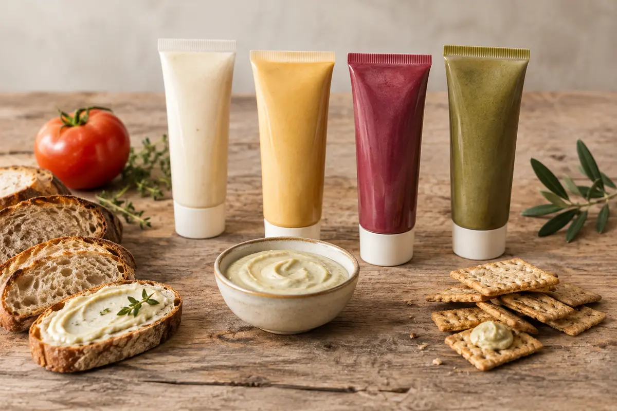 Pâté végétal crémeux servi sur des toasts, avec quatre tubes et quelques crackers sur une table en bois
