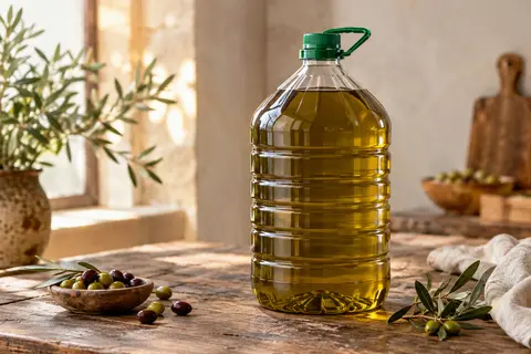 Grand contenant d’huile d’olive extra vierge posé sur une table en bois avec quelques olives